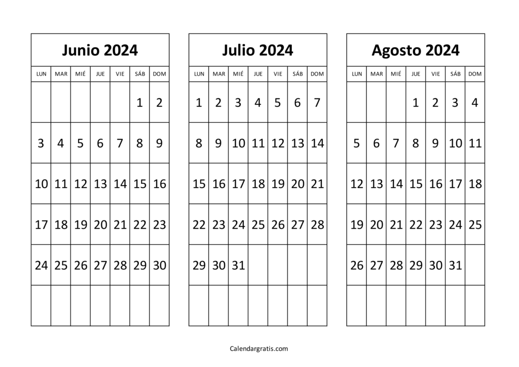Calendario de junio julio y agosto 2024 para imprimir