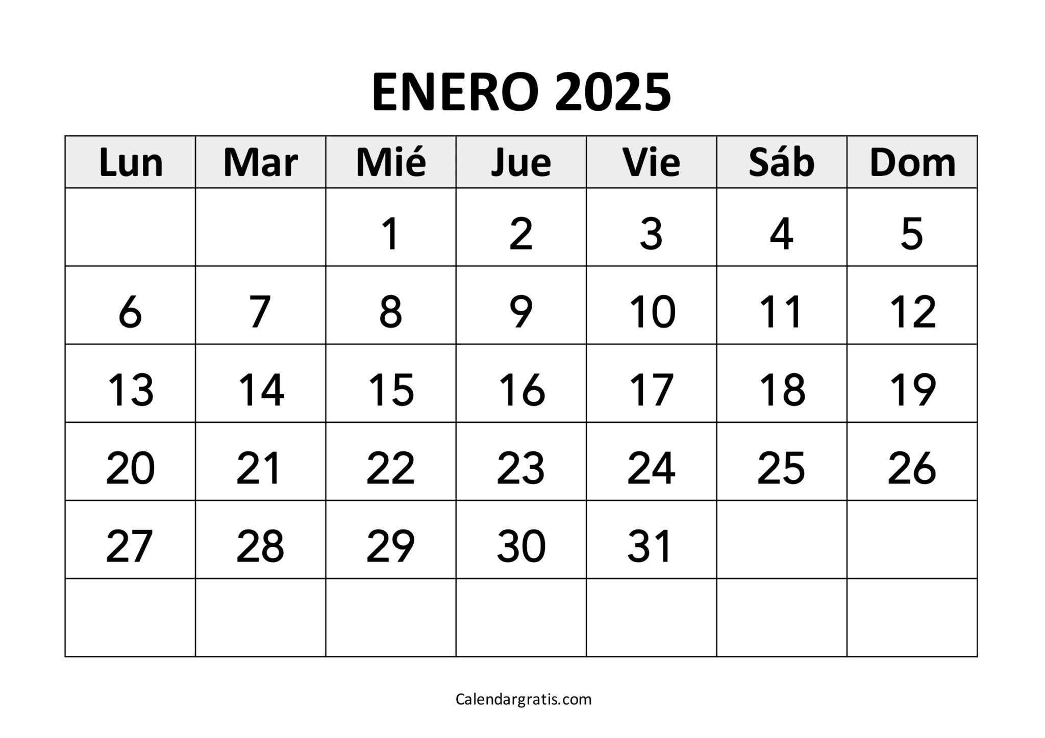 Calendario del mes de enero 2025 para imprimir gratis