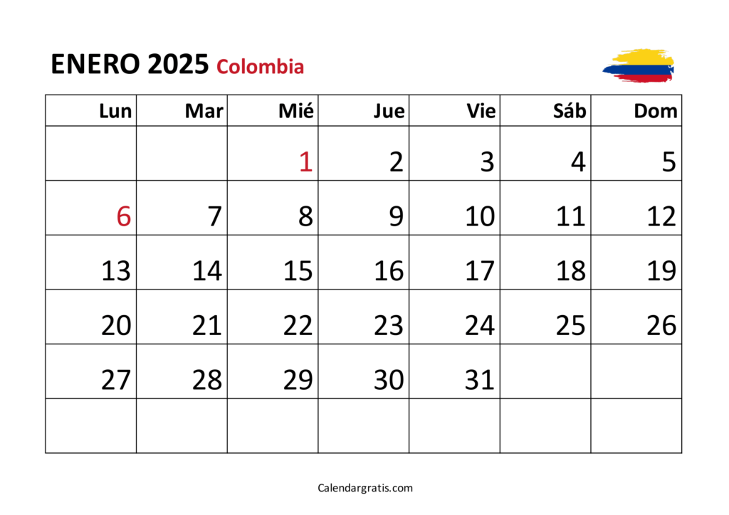 calendario enero 2025 con festivos México, Colombia y España