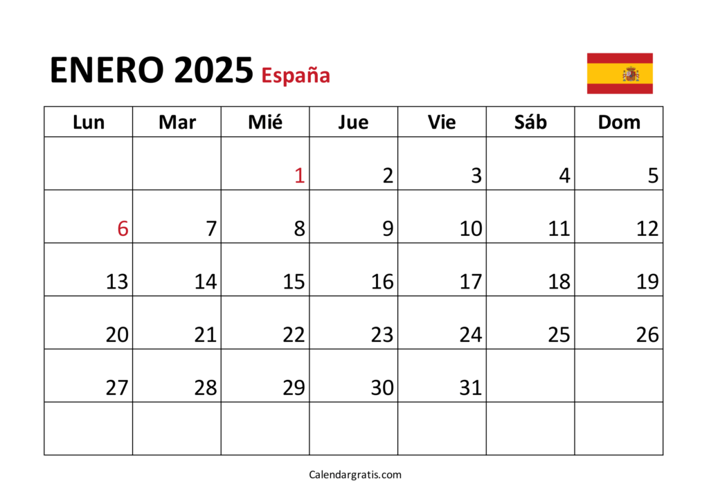 calendario enero 2025 con festivos México, Colombia y España