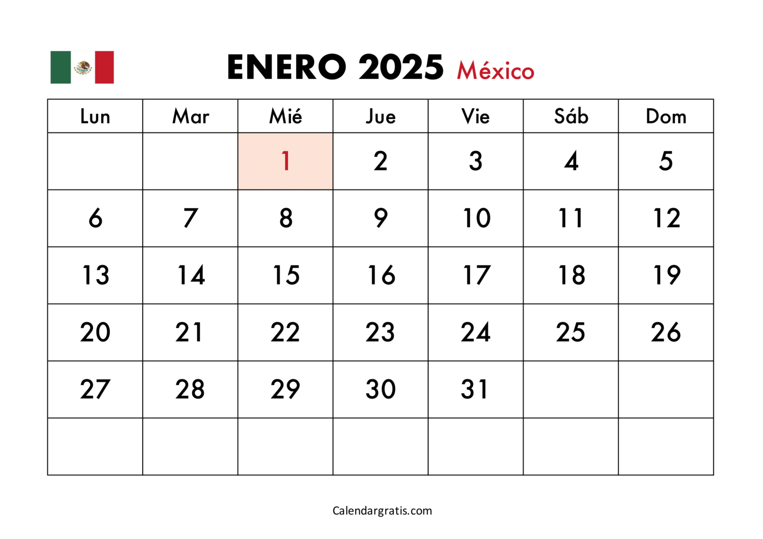 calendario enero 2025 con festivos México, Colombia y España