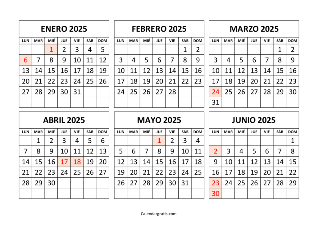 Calendario enero a junio 2025 para imprimir gratis Con festivos