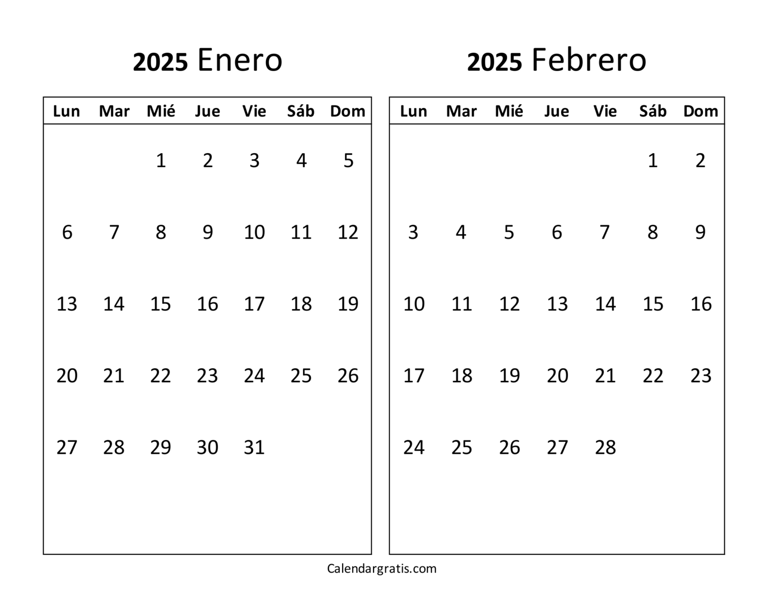 Calendario enero febrero 2025 para imprimir gratis