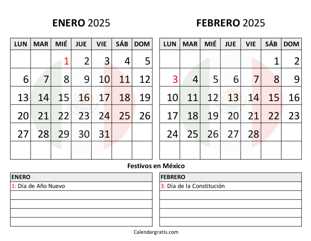 Calendario enero febrero 2025 para imprimir gratis