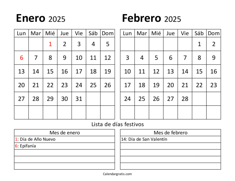 Calendario enero y febrero 2025 para imprimir gratis