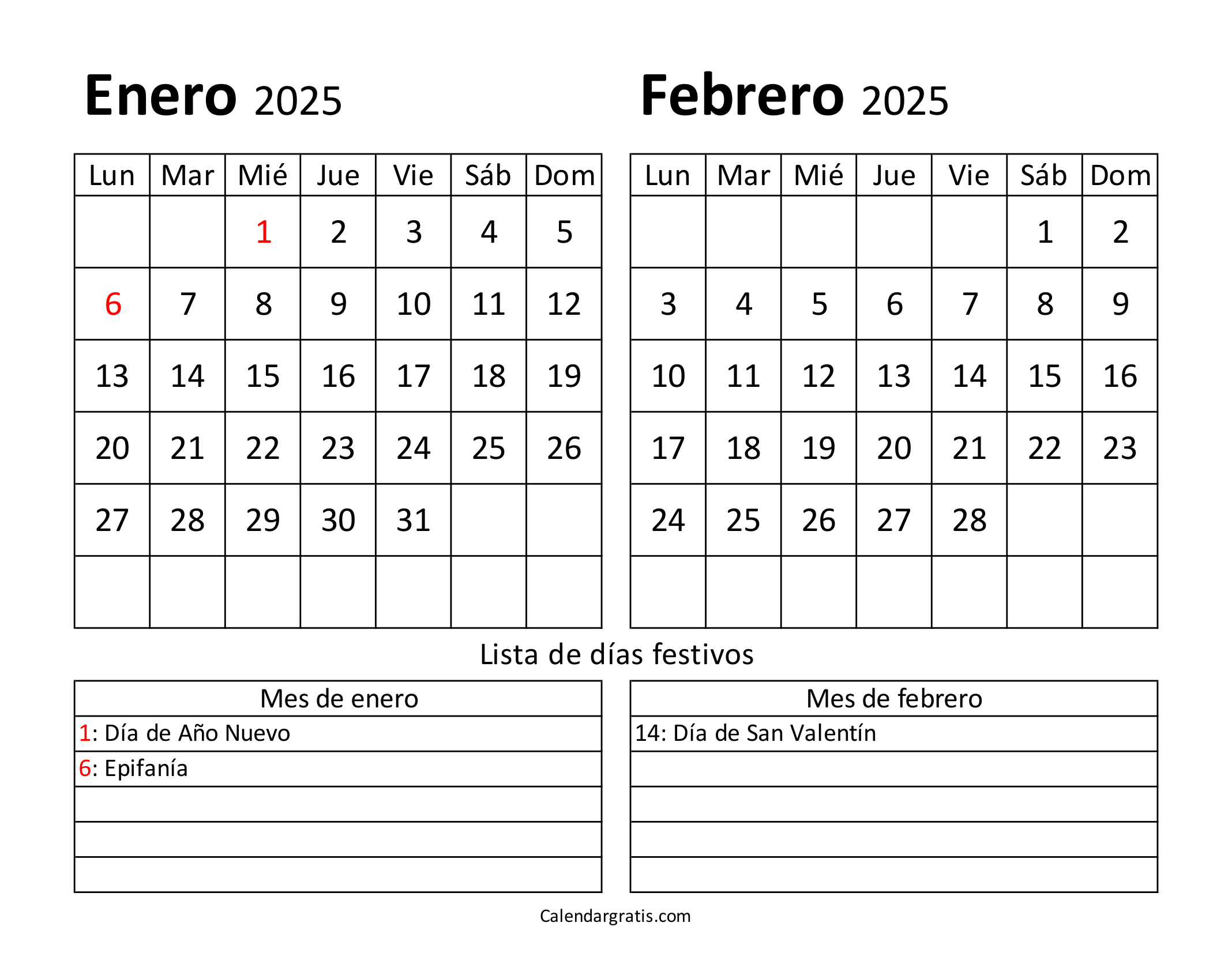 Calendario enero febrero 2025 con festivos