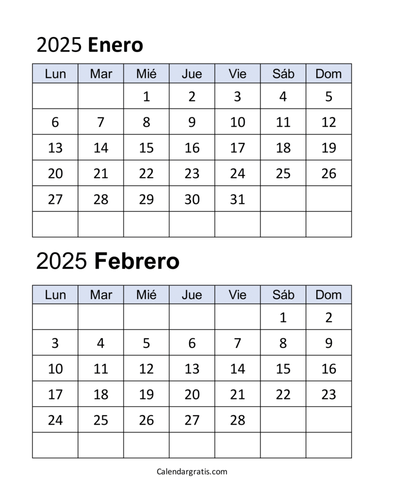 Calendario Enero Febrero 2025 Gratis Para Imprimir