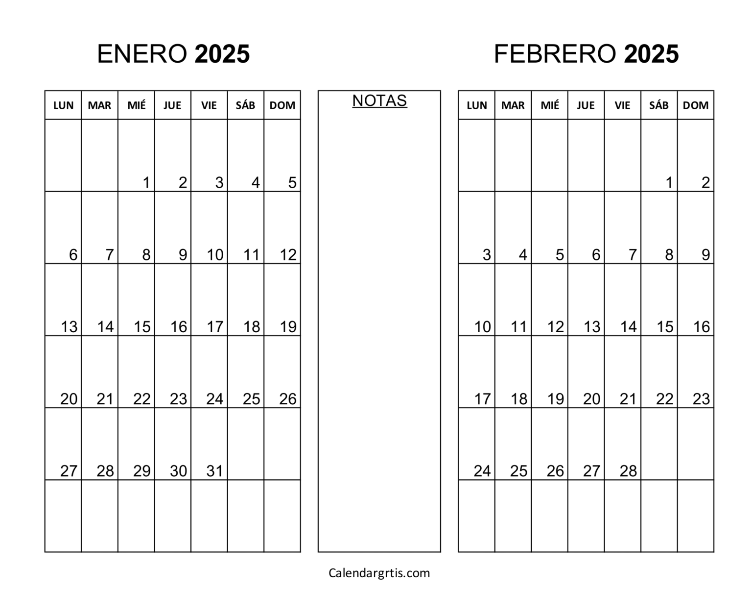 Calendario enero febrero 2025 para imprimir gratis