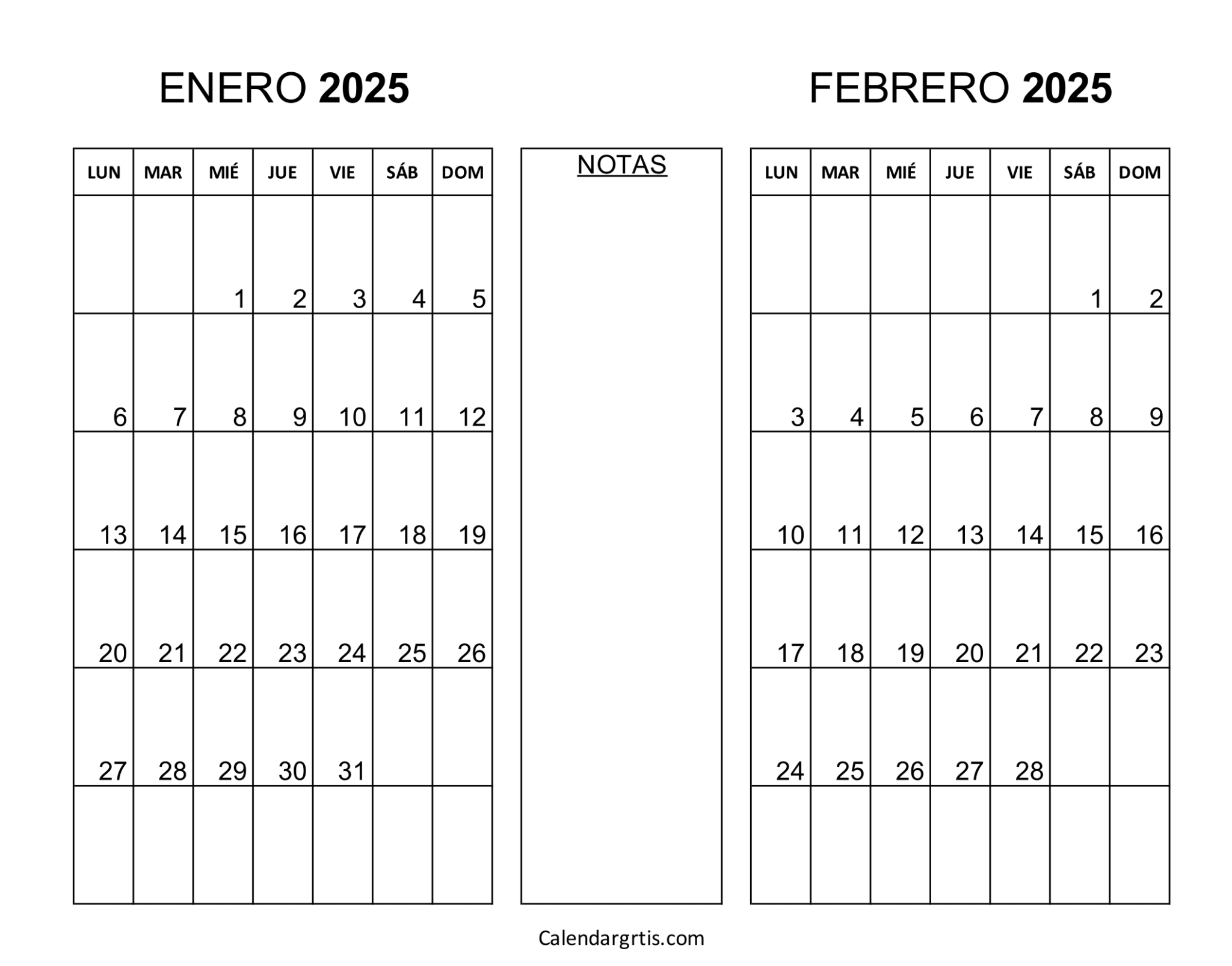 Calendario enero febrero 2025 para imprimir gratis