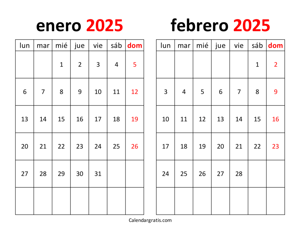 Calendario enero y febrero 2025 para imprimir gratis