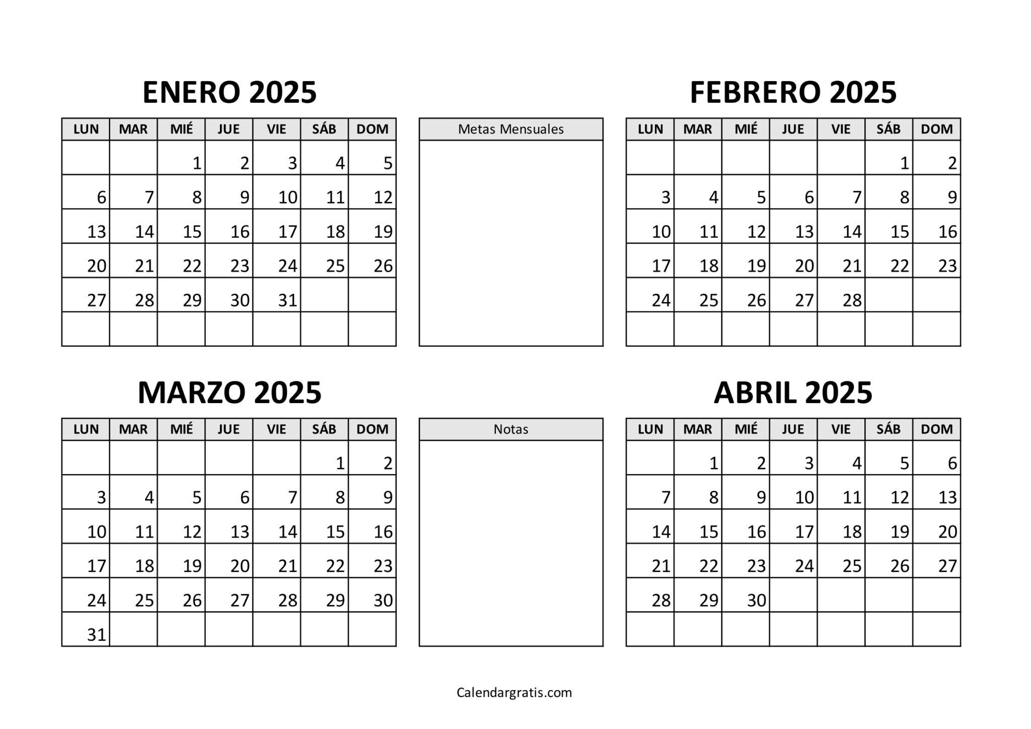 Calendario enero febrero marzo abril 2025 para imprimir gratis