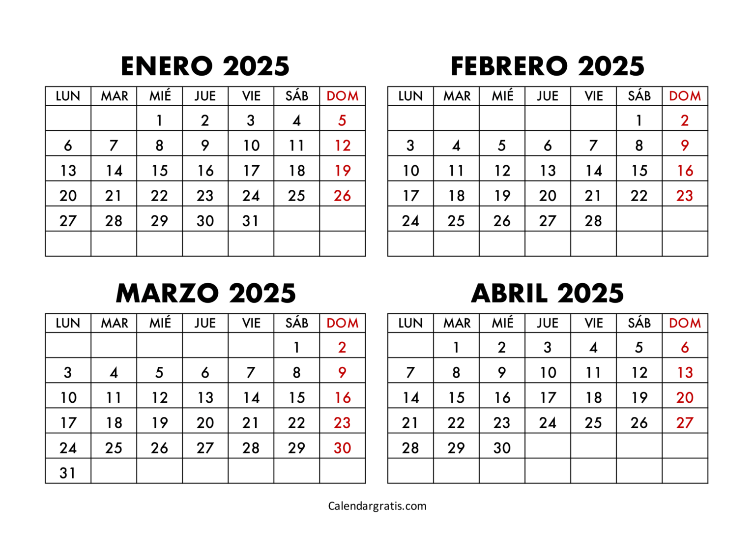 Calendario enero febrero marzo abril 2025 para imprimir gratis