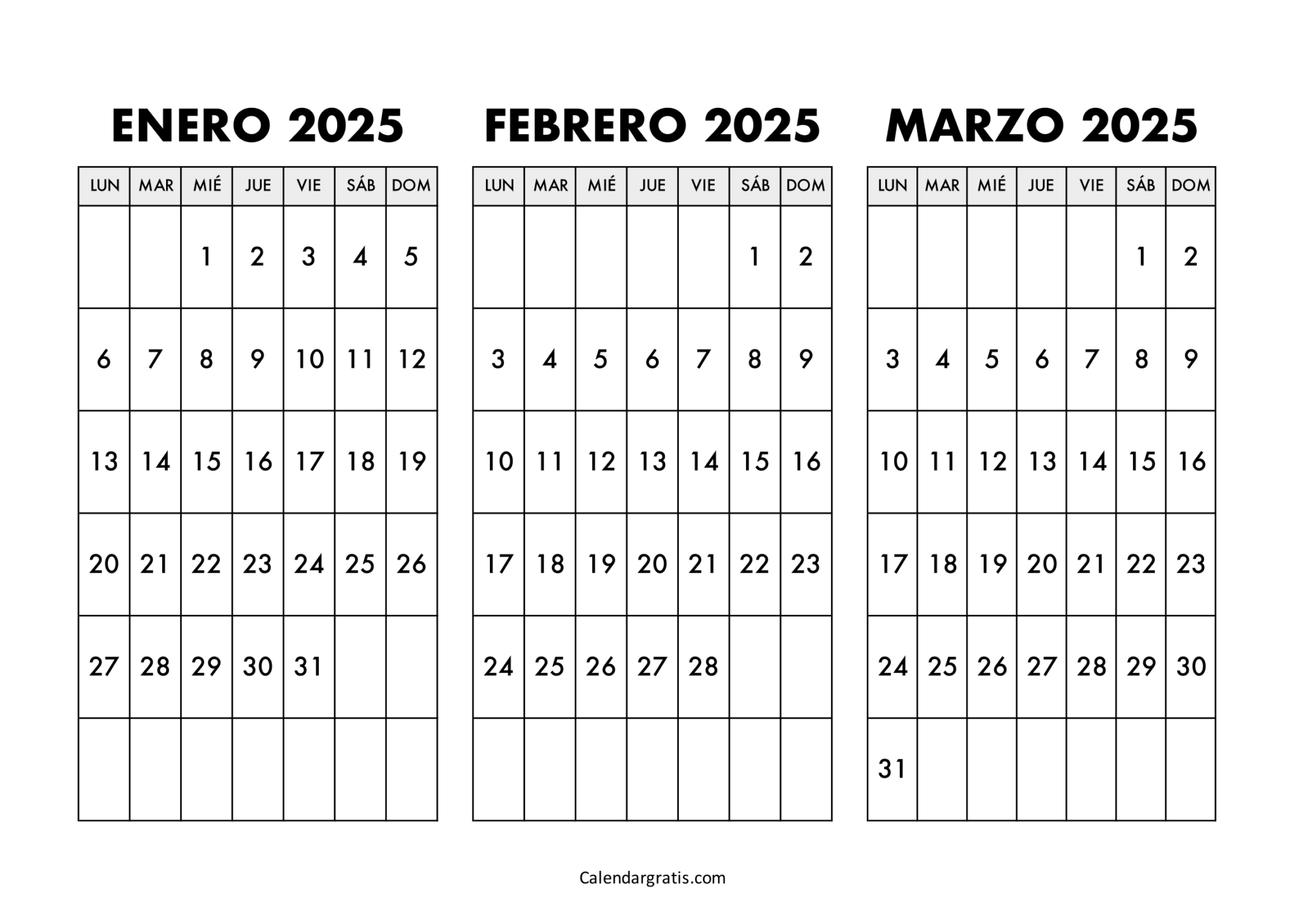 Calendario enero febrero y marzo 2025 para imprimir gratis