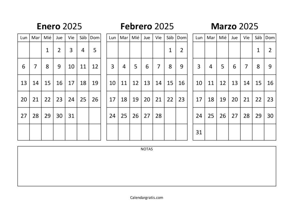 Calendario enero febrero y marzo 2025 para imprimir gratis