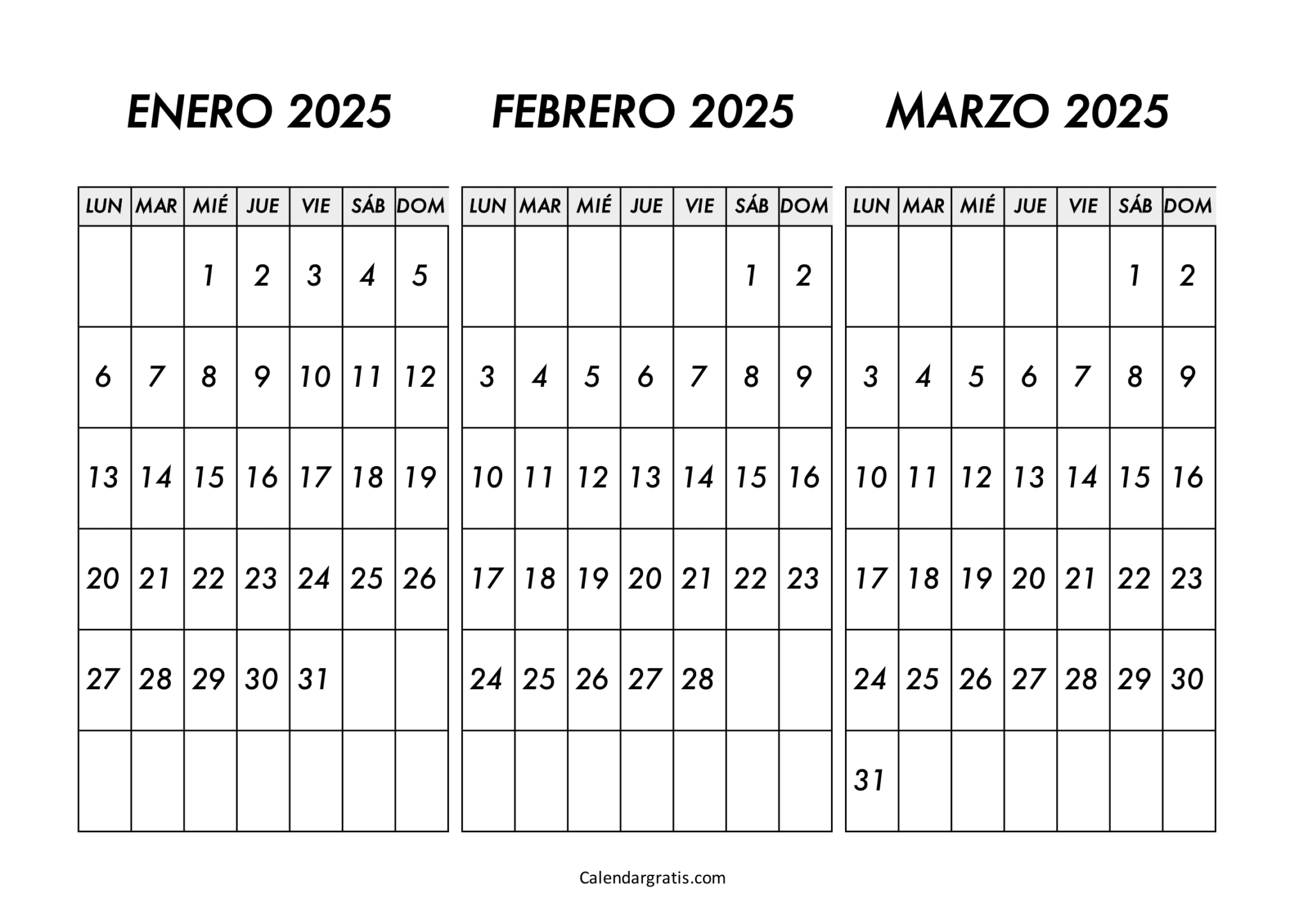 Calendario enero febrero y marzo 2025 para imprimir gratis