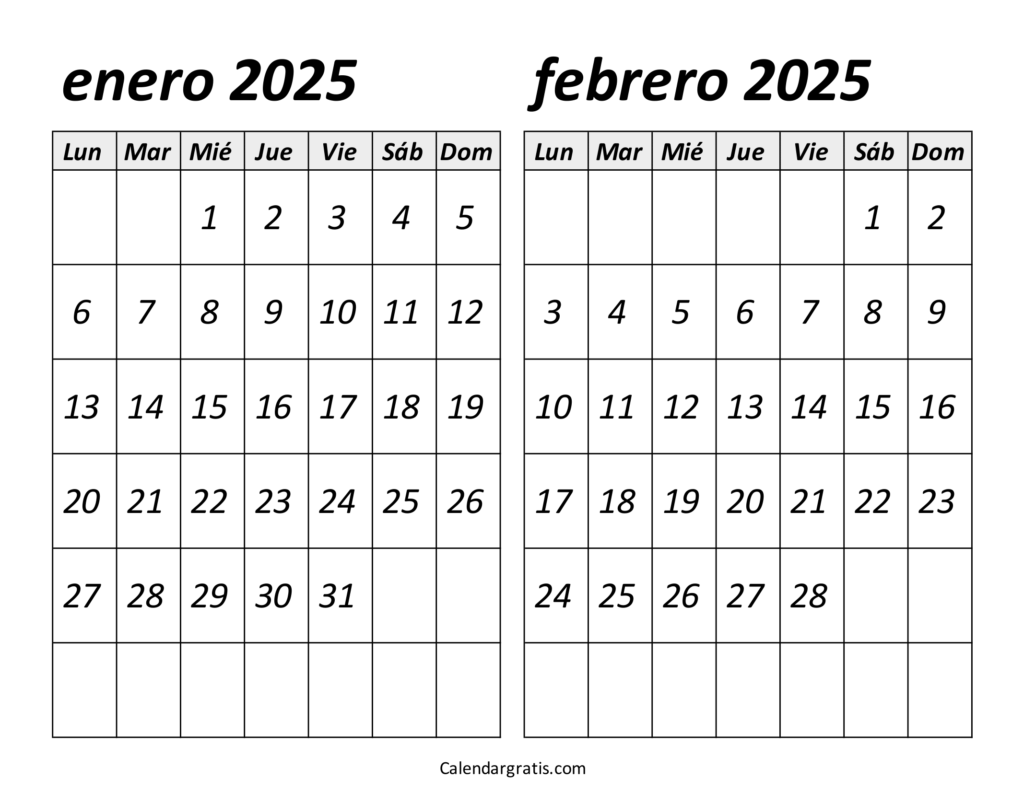 Calendario enero y febrero 2025 para imprimir gratis