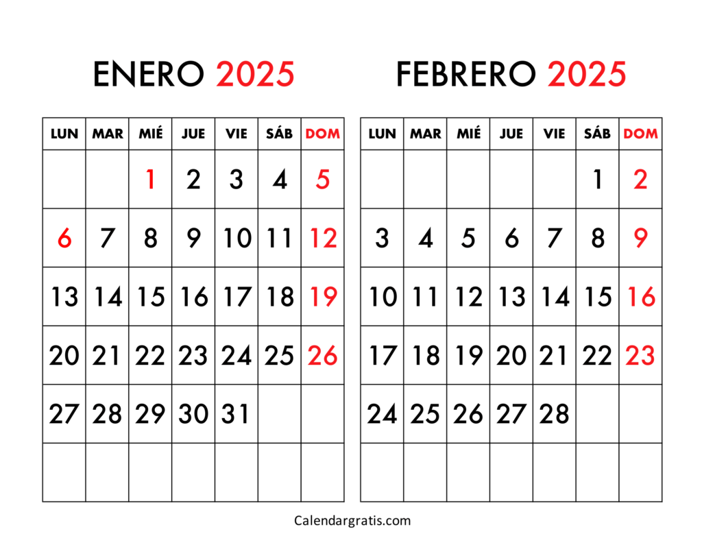 Calendario enero y febrero 2025 para imprimir gratis