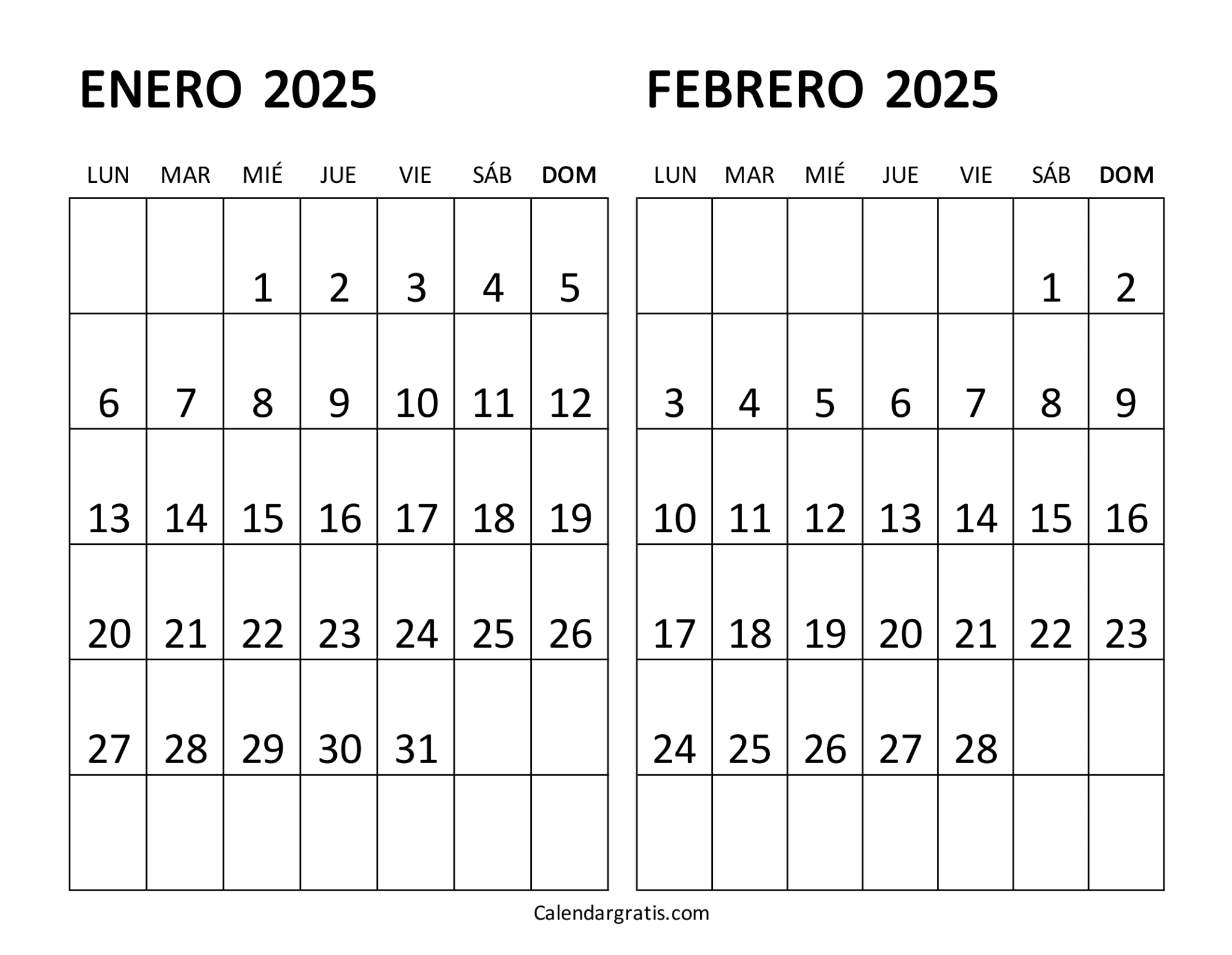 Calendario enero y febrero 2025 para imprimir gratis