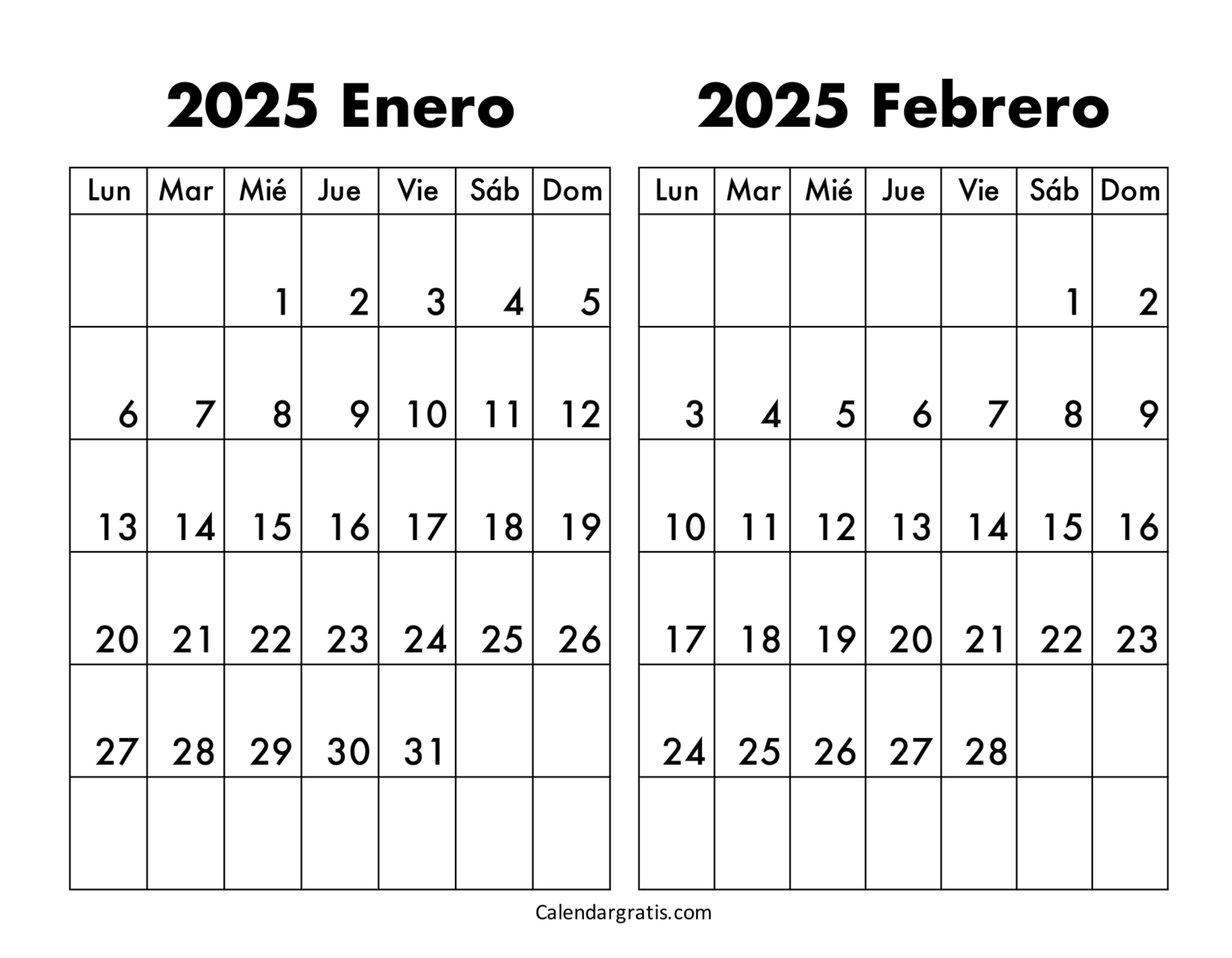 Calendario enero y febrero 2025 para imprimir gratis