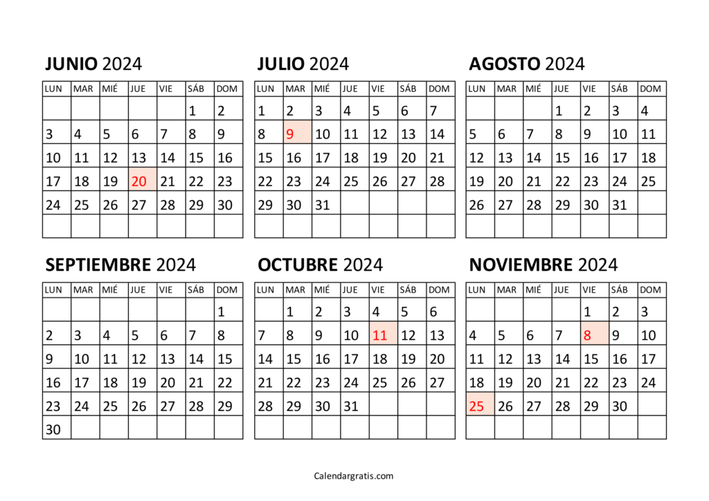 Calendario junio a noviembre 2024 Argentina