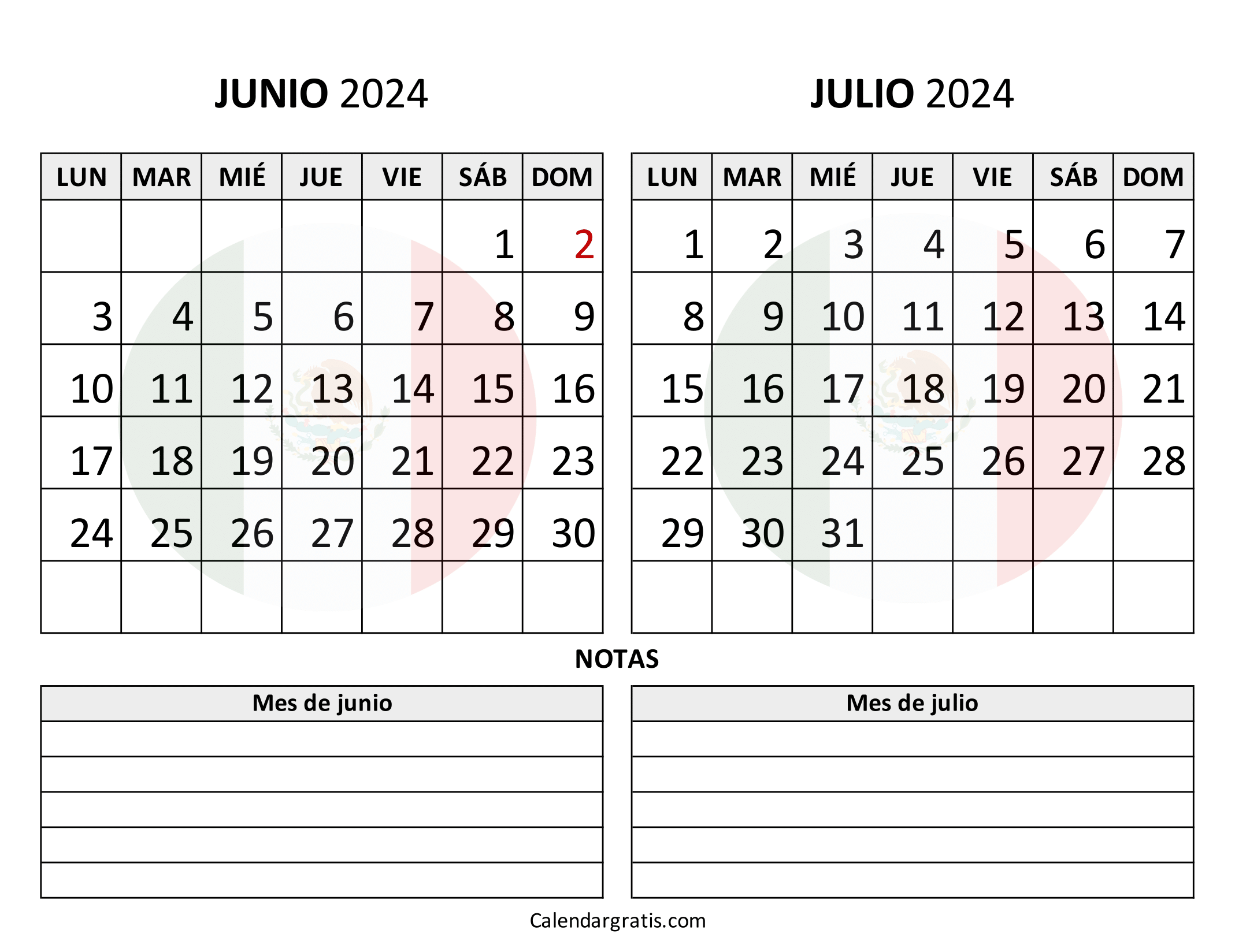 Calendario junio julio 2024 México