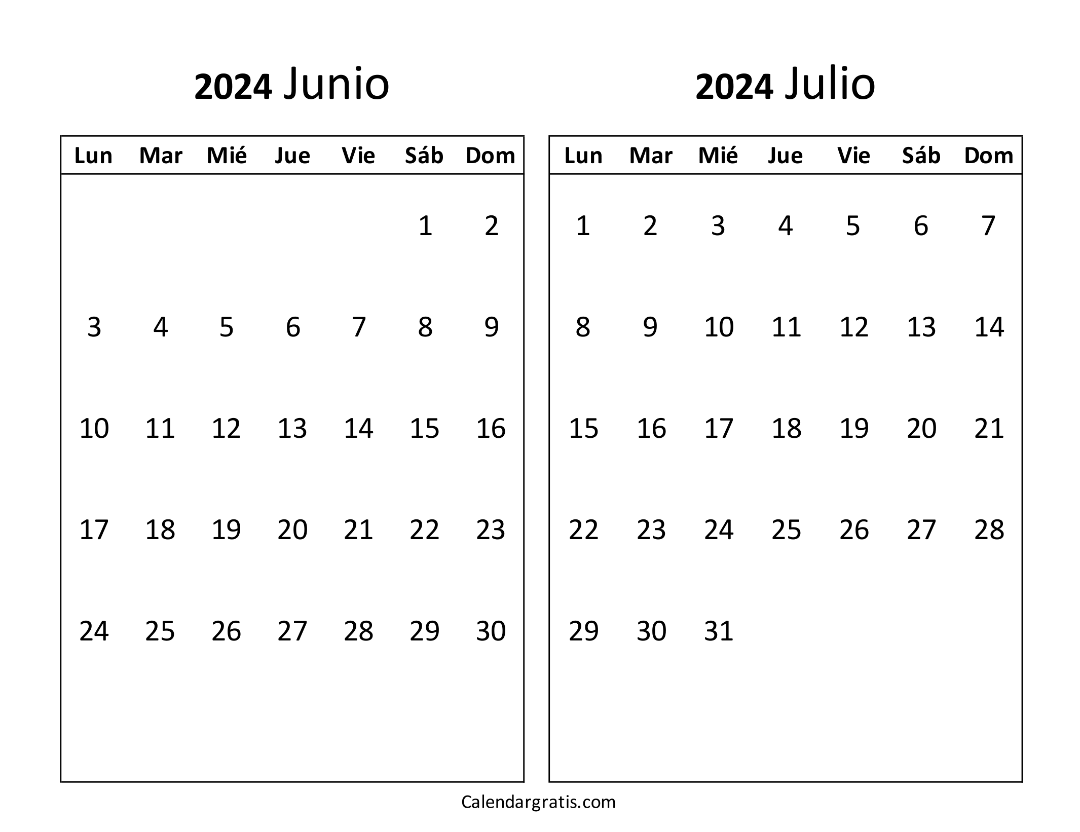 Calendario junio julio 2024 para imprimir gratis