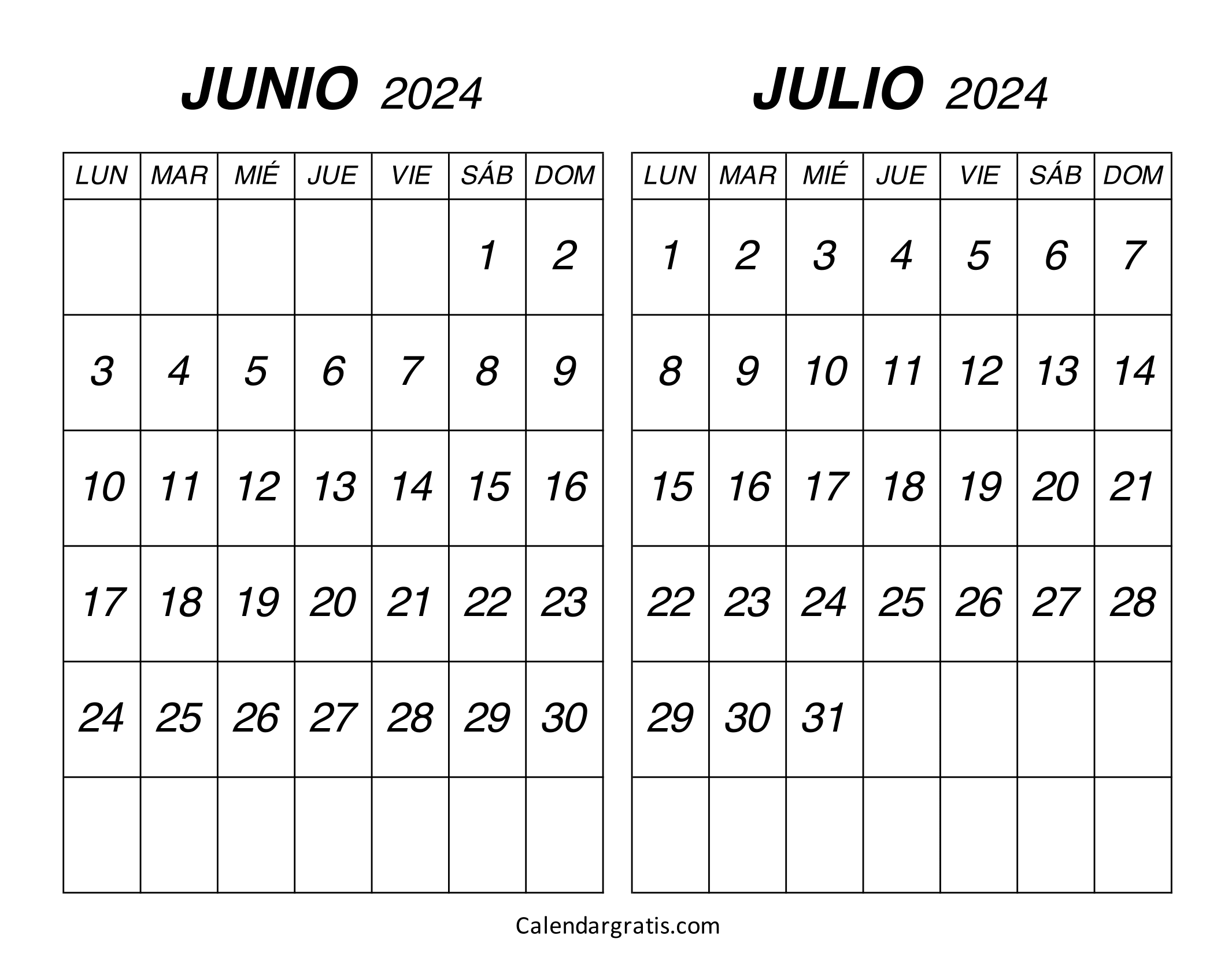 Calendario junio julio 2024 para imprimir
