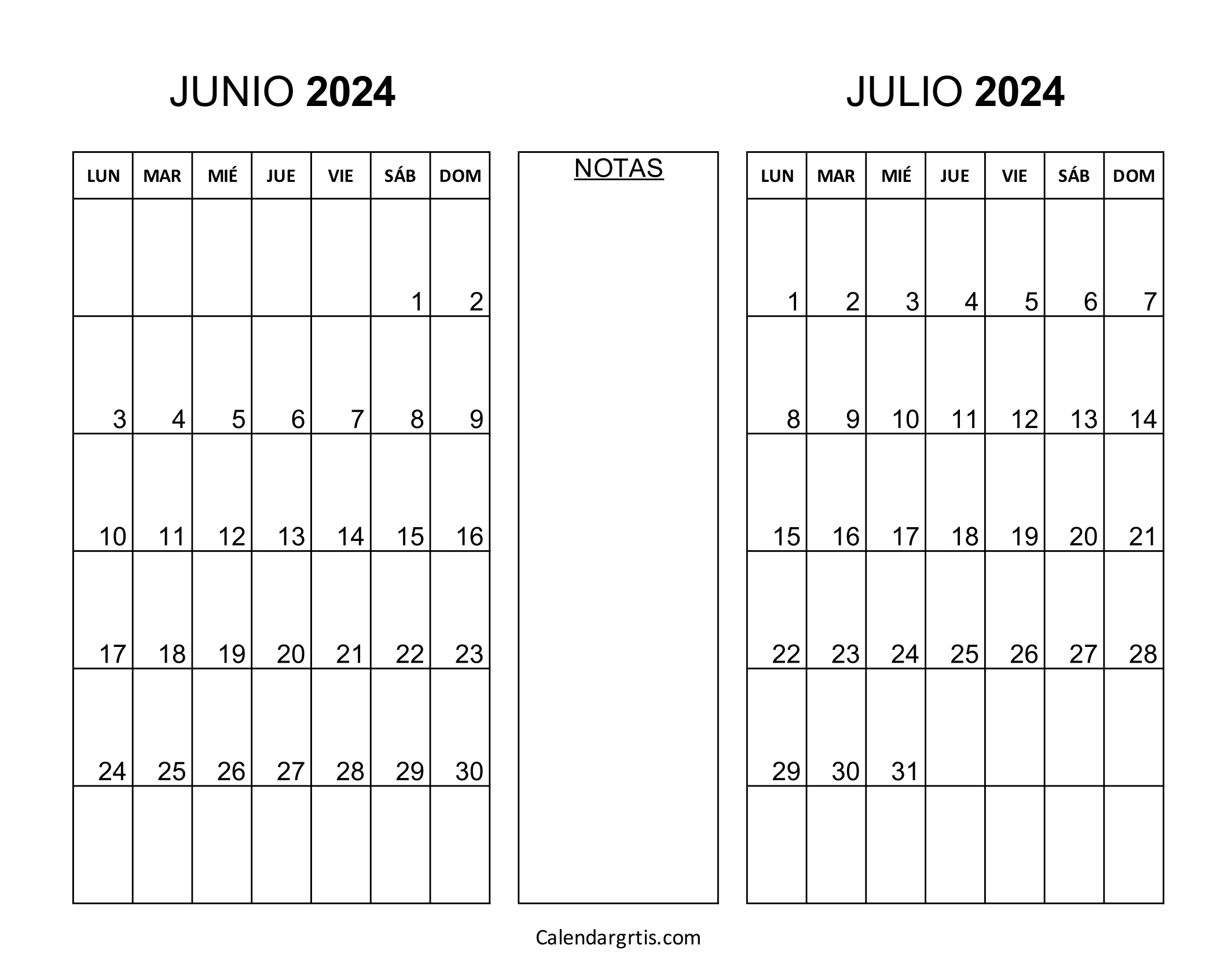Calendario junio julio 2024