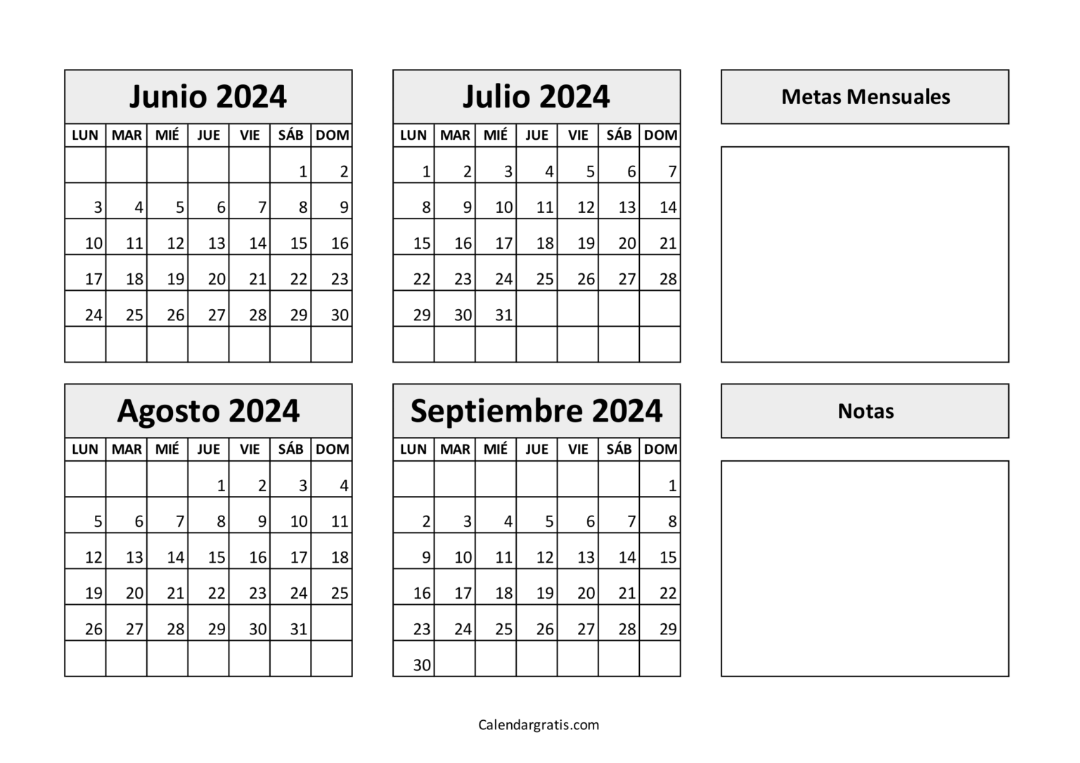 Calendario junio julio agosto septiembre 2024 para imprimir