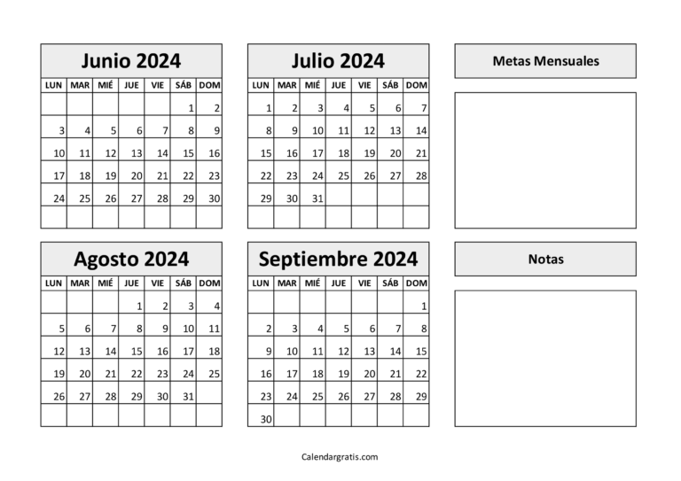 Calendario junio julio agosto septiembre 2024 para imprimir