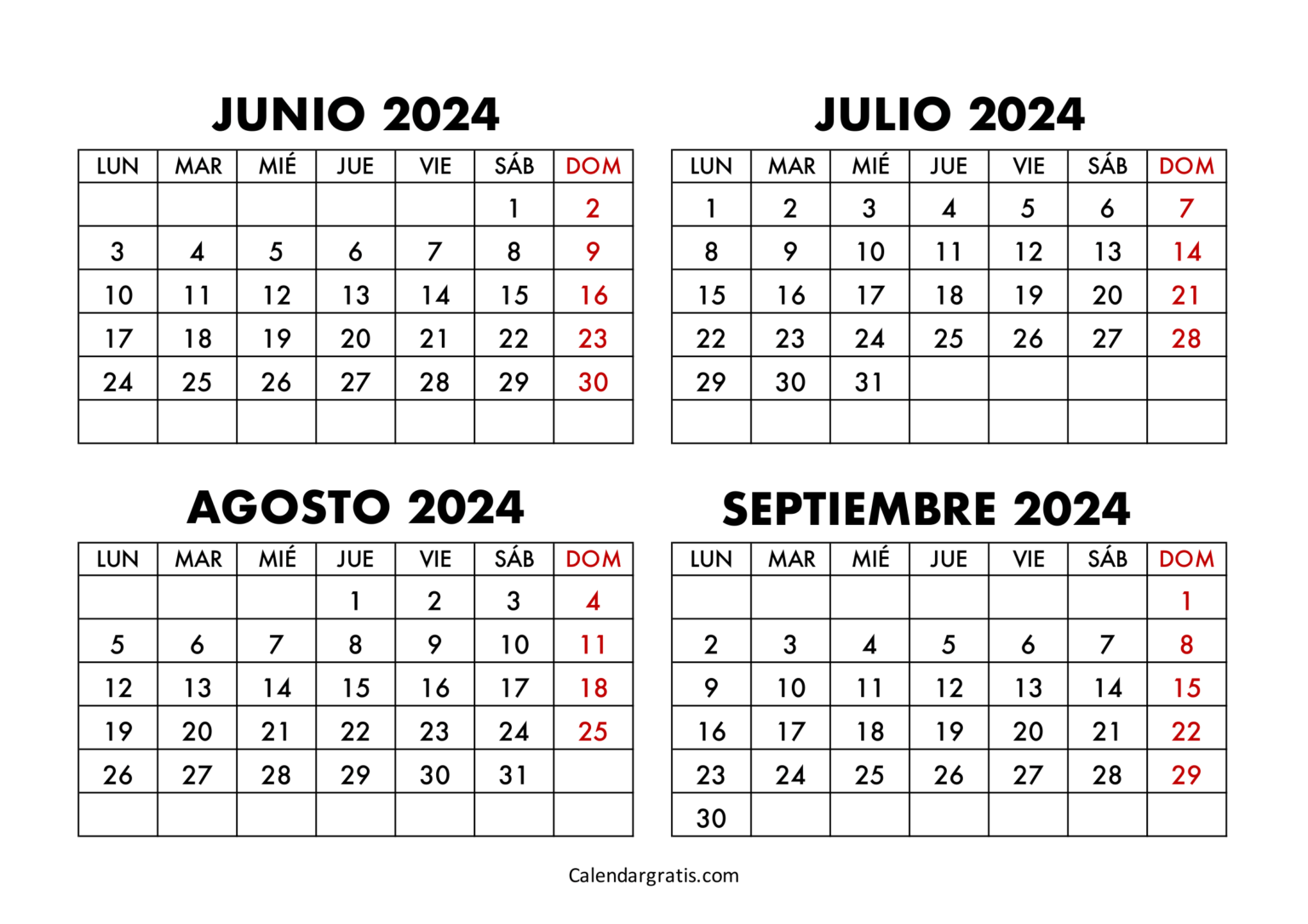 Calendario junio julio agosto septiembre 2024 para imprimir