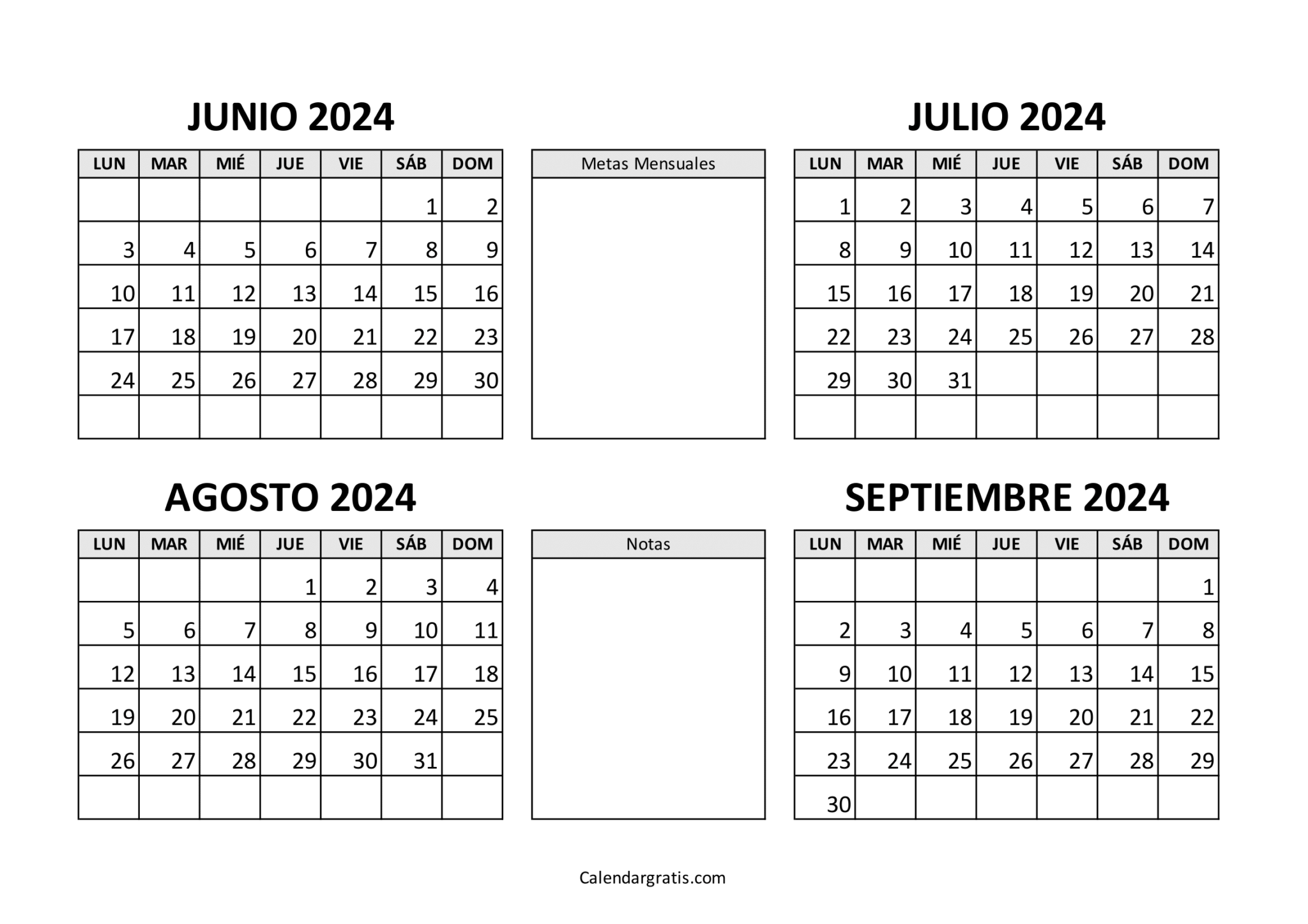 Calendario junio julio agosto septiembre 2024 para imprimir