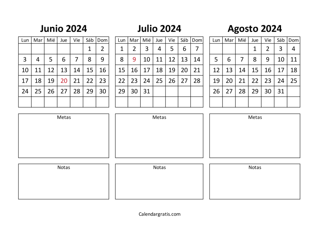 Calendario junio julio y agosto 2024 Argentina