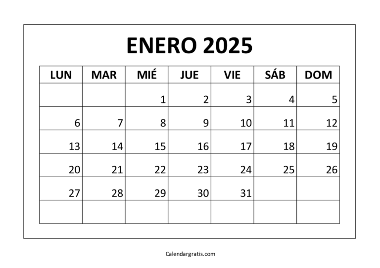 Calendario para imprimir enero 2025 México y Colombia