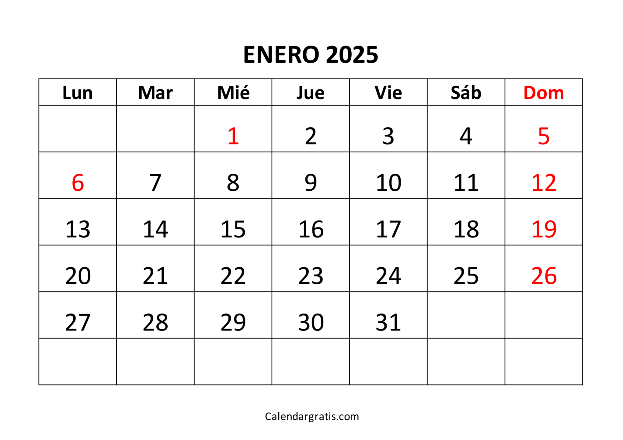 Calendario para imprimir enero 2025 México y Colombia