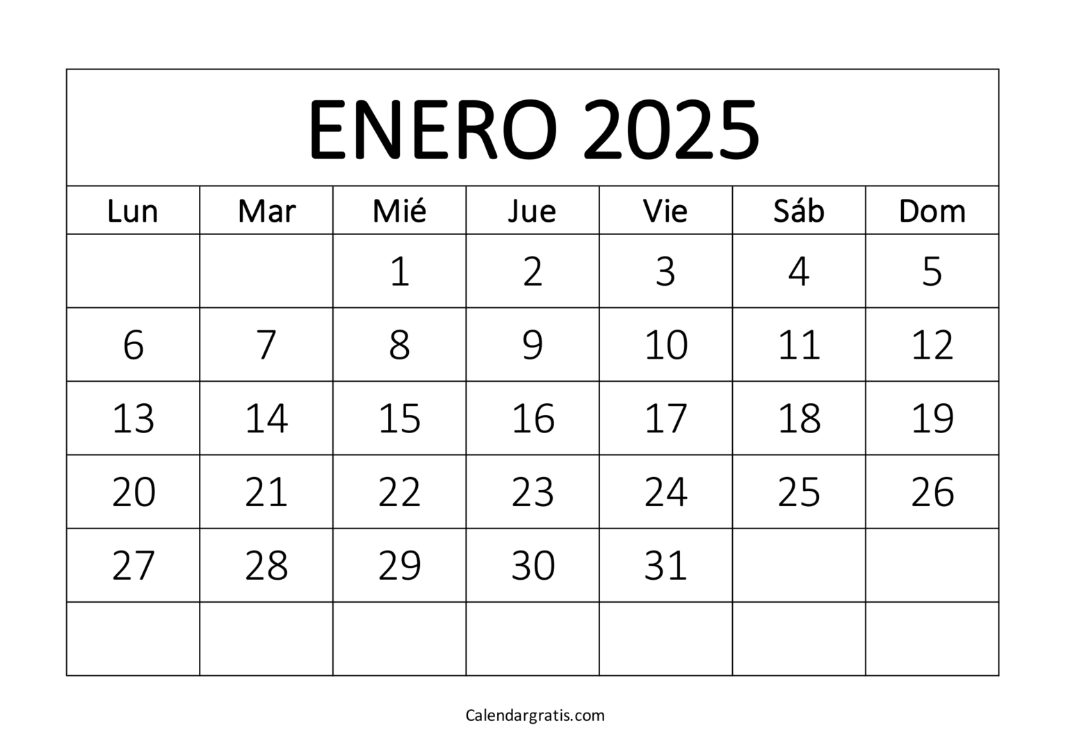 Calendario para imprimir enero 2025 México y Colombia