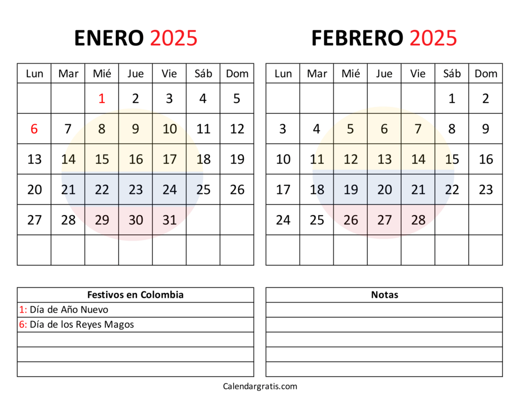 Enero febrero 2025 calendario para imprimir gratis Bimestral