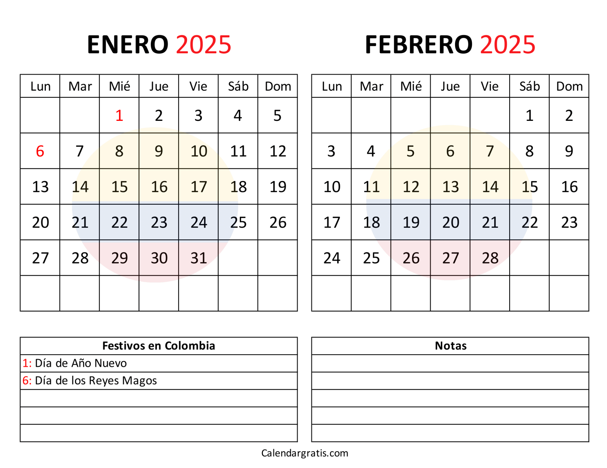 Enero febrero 2025 calendario para imprimir gratis Bimestral