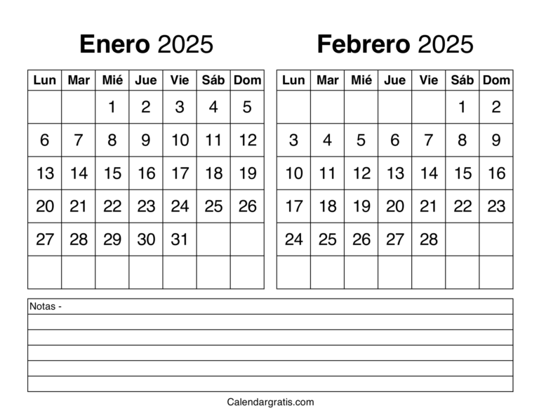 Enero febrero 2025 calendario para imprimir gratis Bimestral