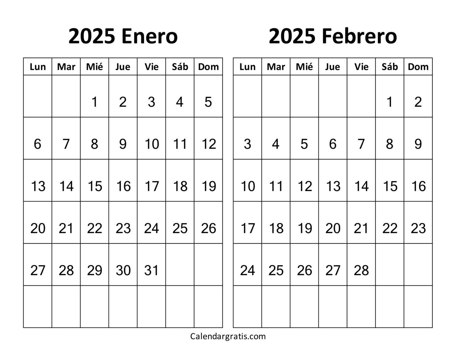 Enero febrero 2025 calendario para imprimir gratis Bimestral