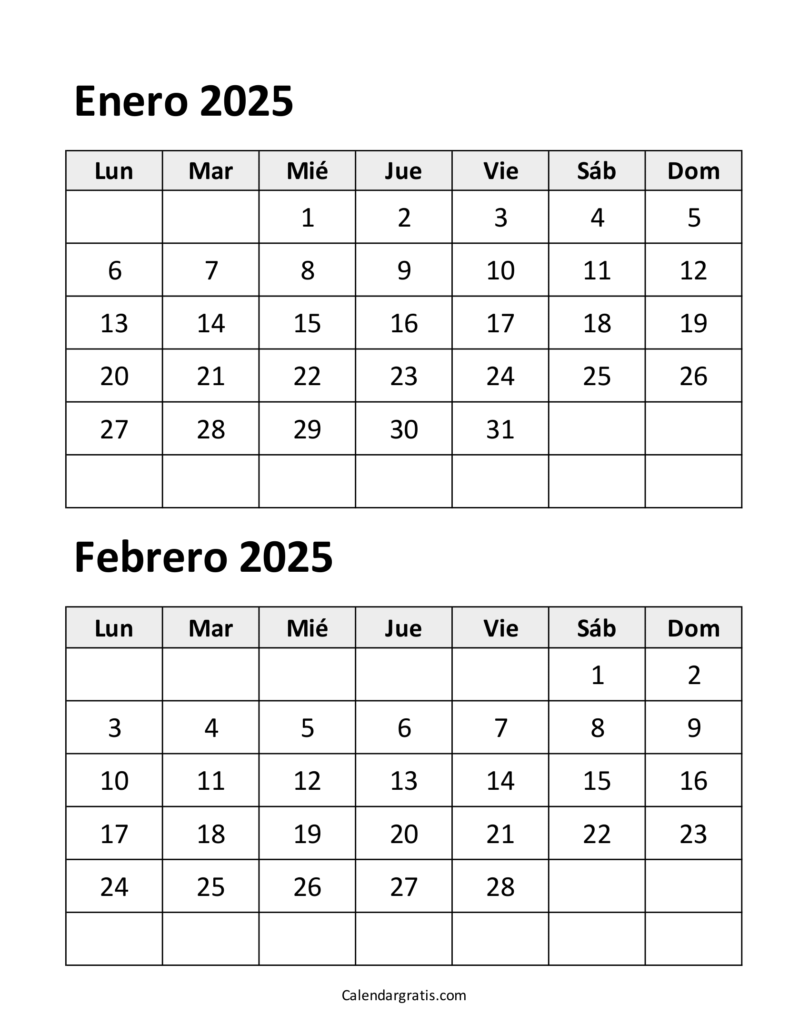 Calendario Enero Febrero 2025 Gratis Para Imprimir