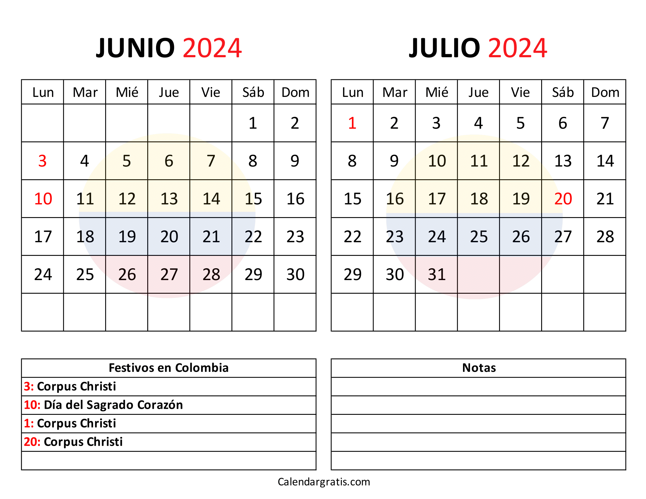 Junio julio 2024 calendario Colombia
