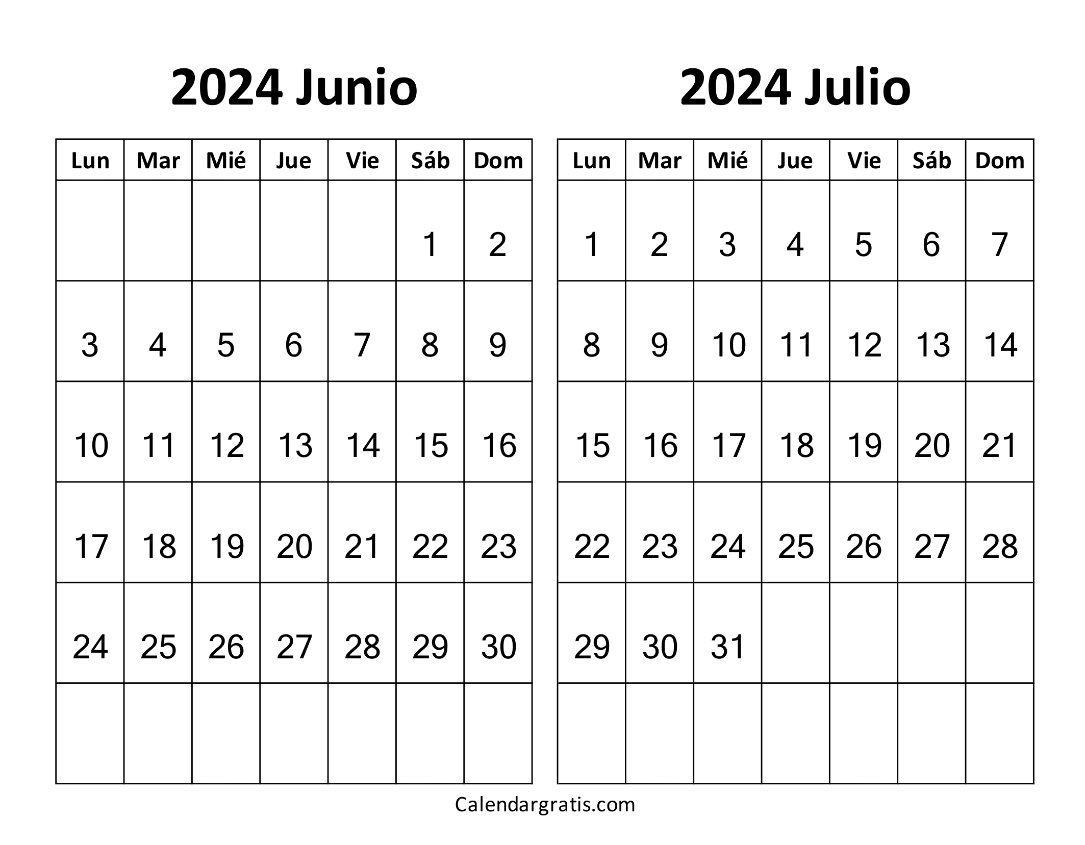 Junio julio 2024 calendario gratis