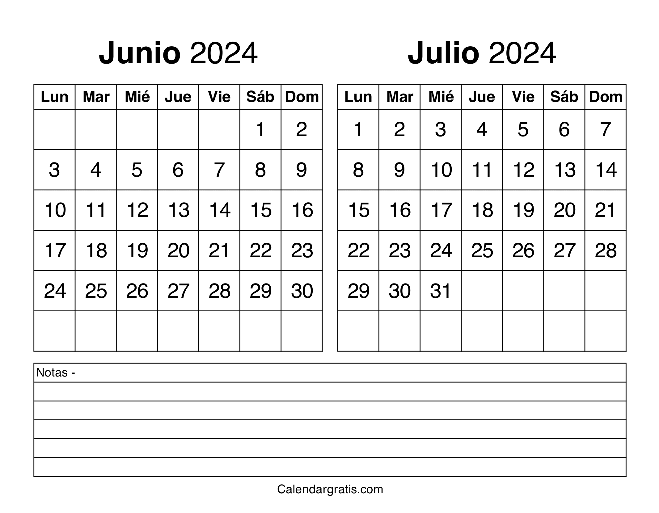 Junio julio 2024 calendario para imprimir