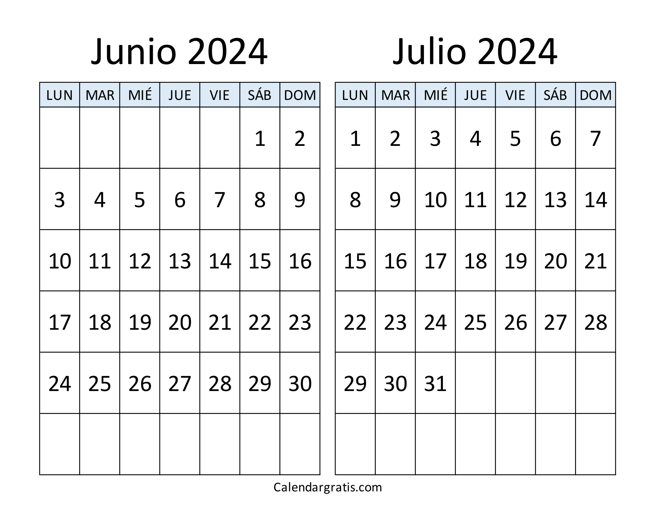 Junio julio 2024 calendario