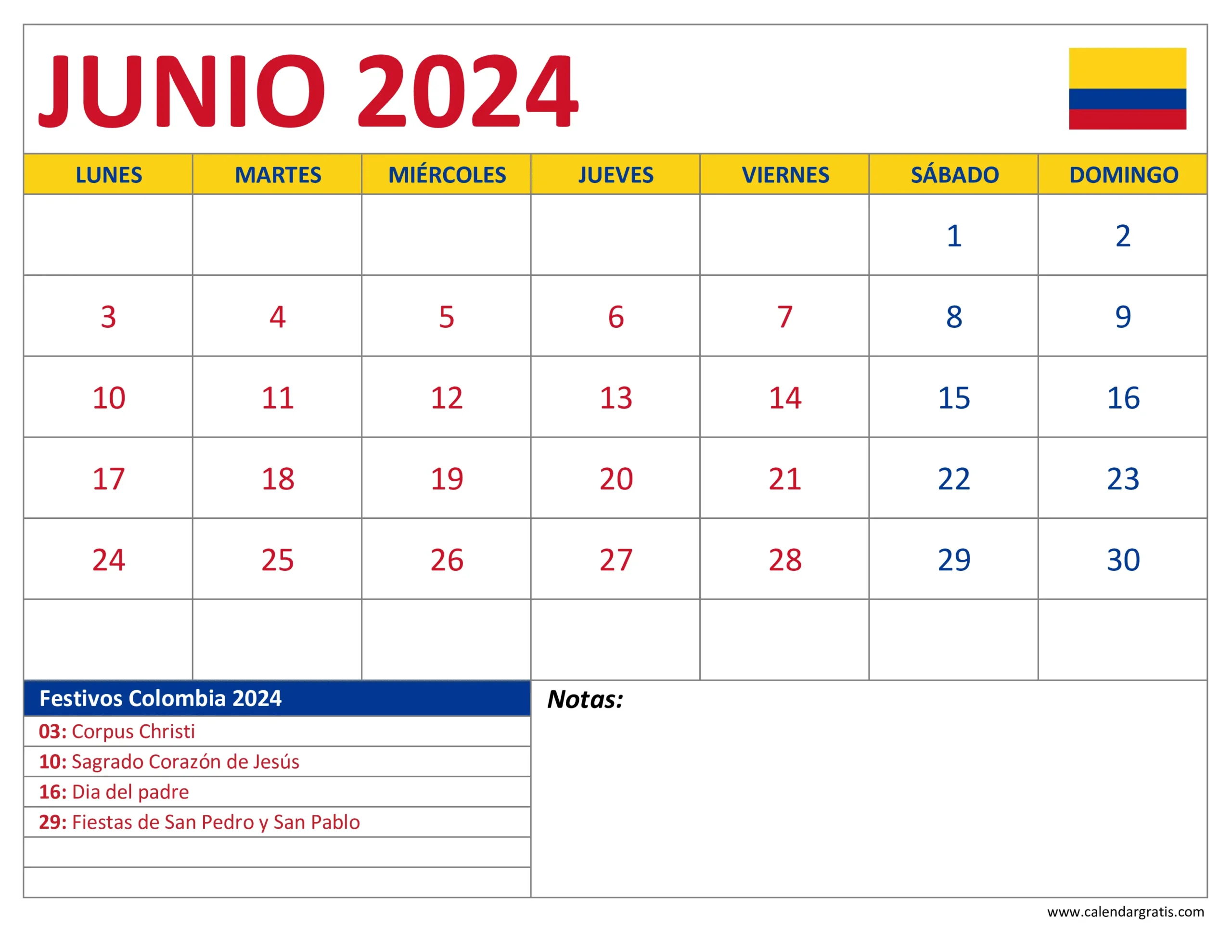 Calendario Junio 2024 Colombia con Festivos para Imprimir