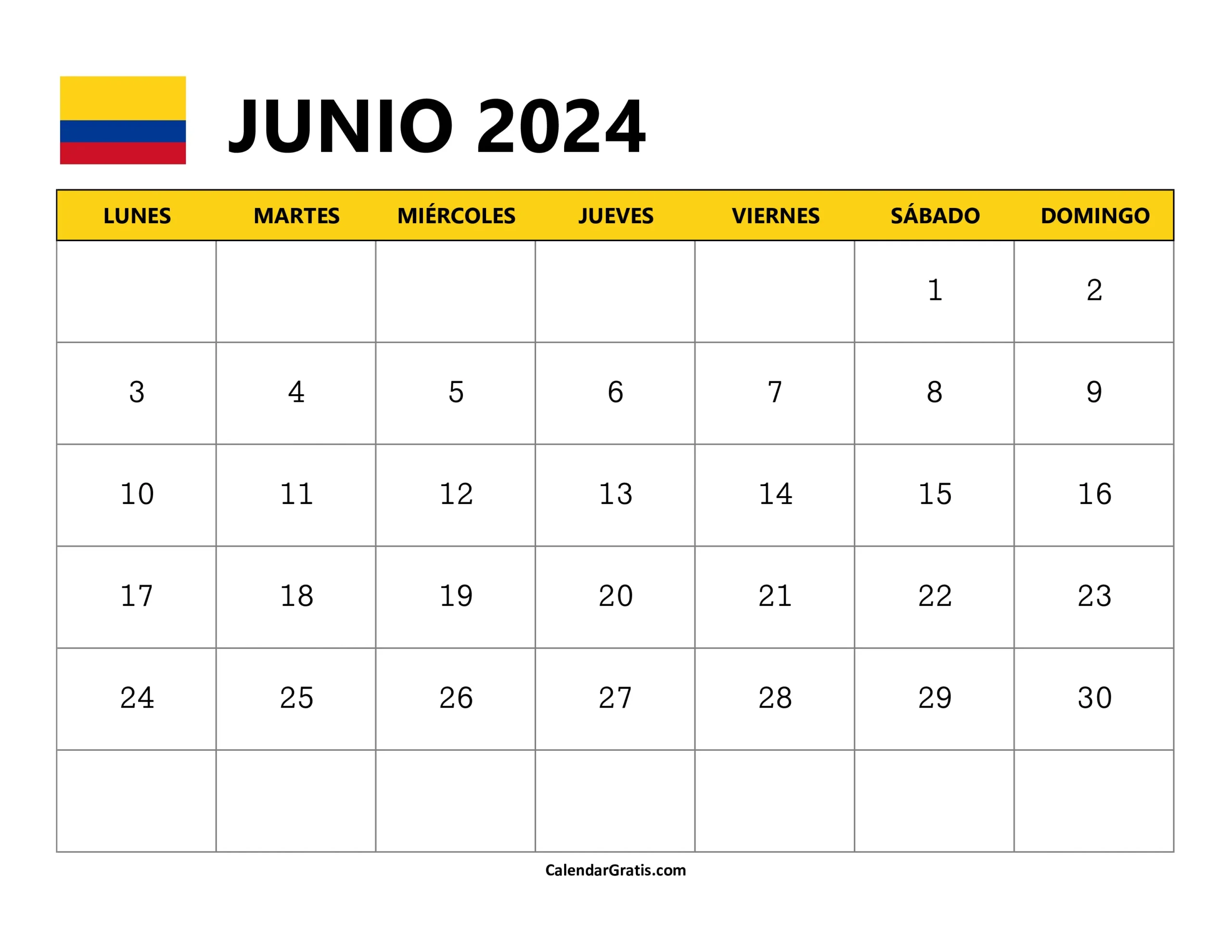 Calendario Junio 2024 Colombia para Imprimir