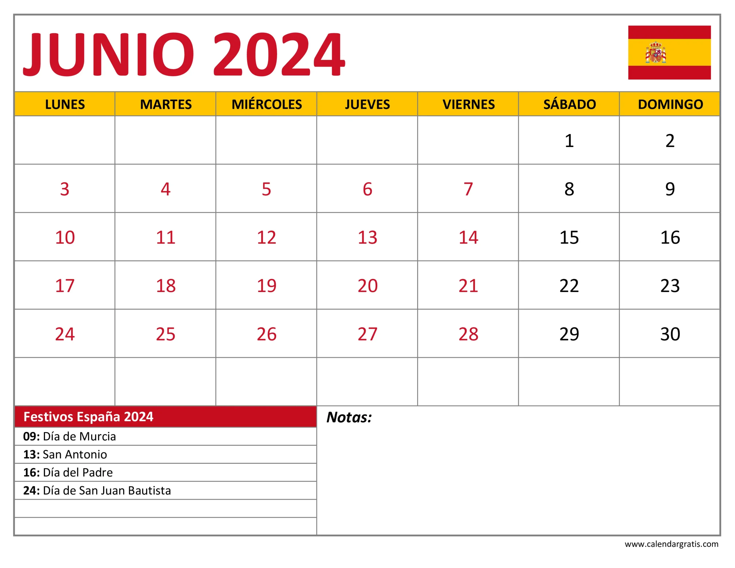 Calendario Junio 2024 España con Festivos y Notas para Imprimir