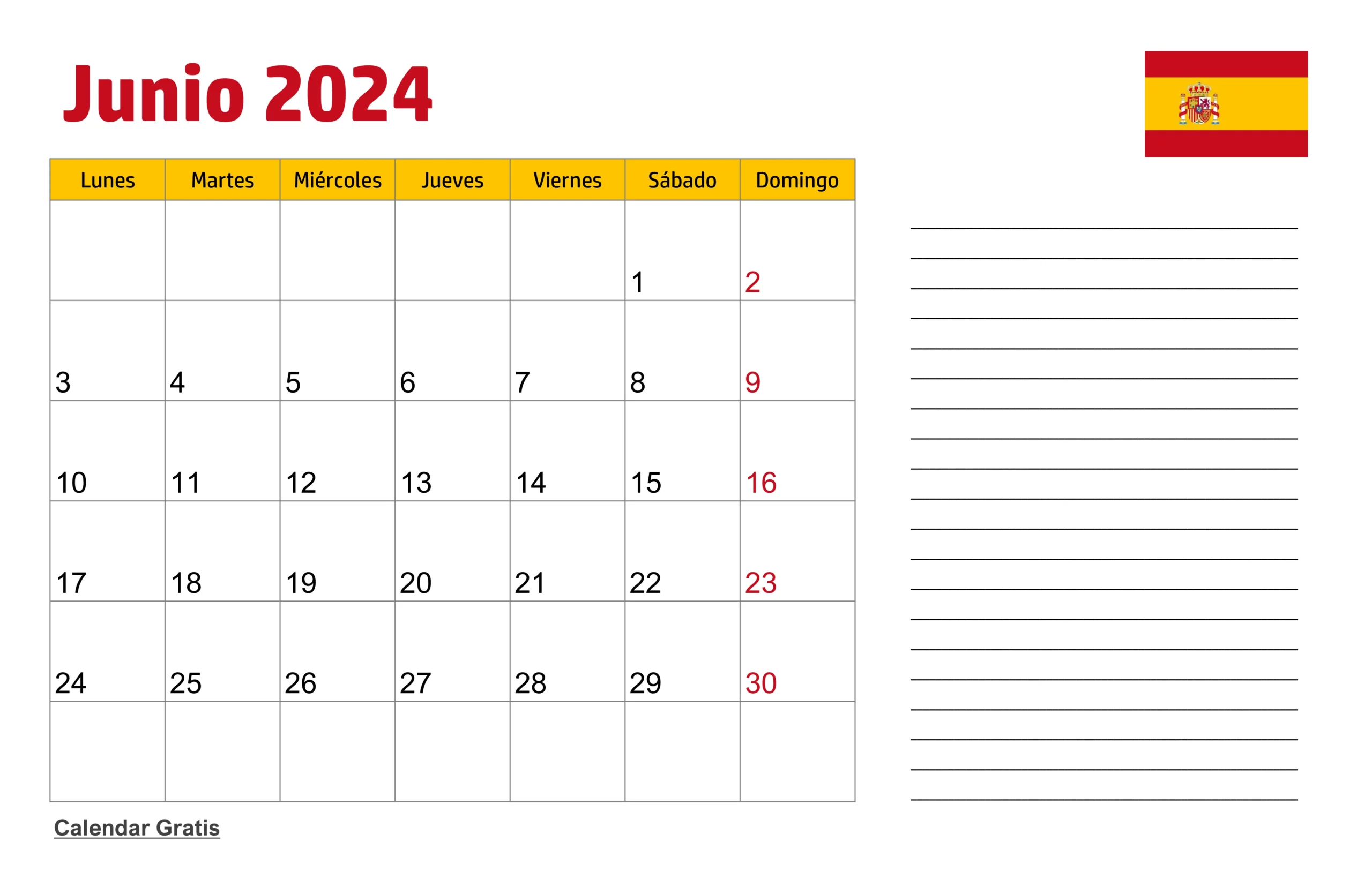 Calendario Junio 2024 España con Notas