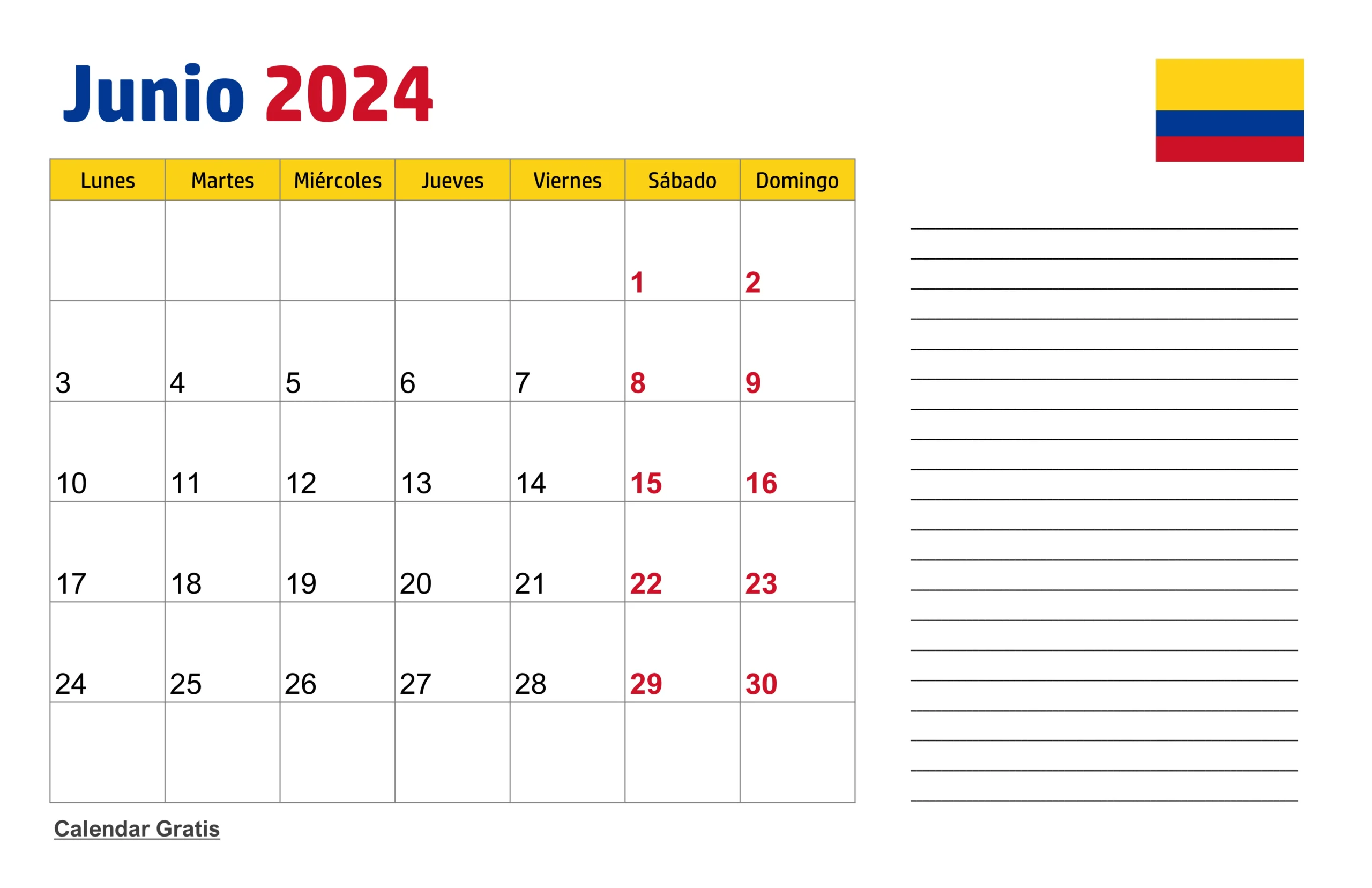 Calendario Junio 2024 Colombia con Notas
